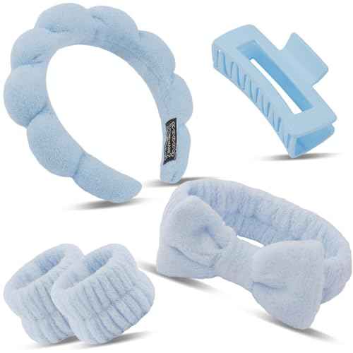 Canitor Spa Headband Wrist Bands Set with Hair Clips Skincare for Washing Face Skin Care Puffy Makeup Preppy Teen Girl Gifts Cute Trendy Stuff Hair Accessories for Women (blue)