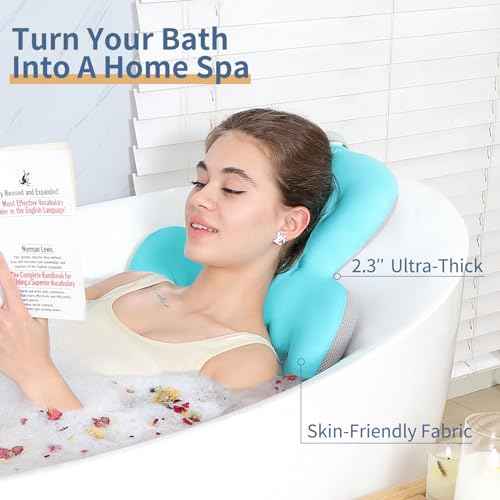Luxury Bath Cushion, Full Body Bathtub Pillow with 160 Suction Cups, Bath Mat for Head and Neck Support, with Laundry Bag (Blue, 60.2" x 16.2")
