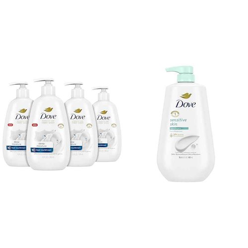 Dove Advanced Care Hand Wash Deep Moisture 4 Count for Soft, Smooth Skin & Body Wash with Pump Sensitive Skin Hypoallergenic, Paraben-Free, Sulfate-Free, Cruelty-Free