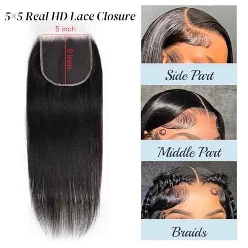 5x5 SKINLIKE 100% Real HD Lace Closure Straight Human Hair Closure 0.095mm Ultra-thin Invisible Swiss HD Lace Closure Pre Plucked Small Single Knots Brazilian Virgin Human Hair Closure 16inch