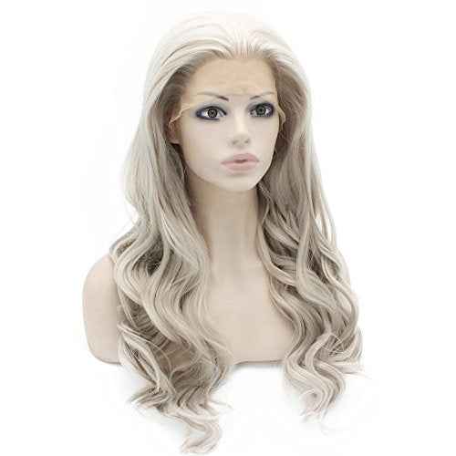 MX angel Long Wavy Celebrity Lace Front Wig Half Hand Tied Heat Resistant Fiber Gray Lace Front Synthetic Hair Wig