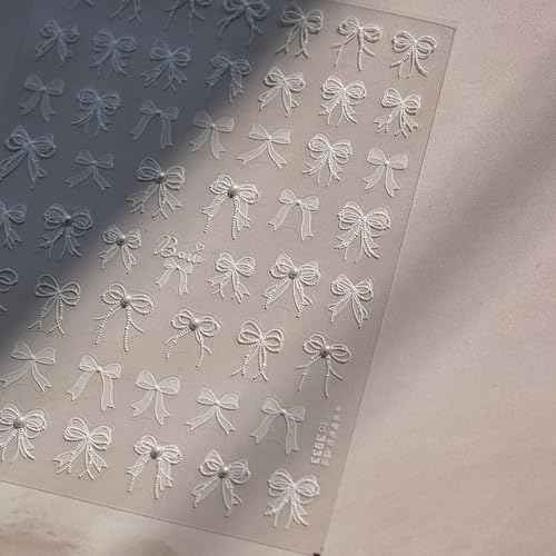5D Embossed White Lace Bowknot Nail Art Stickers Pearl Bow Nail Stickers for Nail Art Supplies Retro Relief Bow Nail Decals Self-sdhsive Bow Stickers for Nails Ribbon Bows Nail Accessories for Women