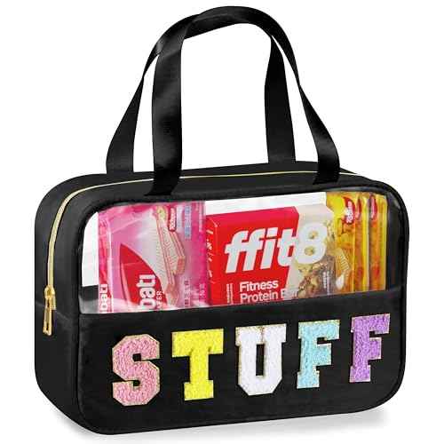 Snack Bag for Travel, Chenille Letter Clear Makeup Bag, 11.8" x 7.9" Nylon & PVC Waterproof Cosmetic Pouch with Handle and Zipper, Cute Preppy Storage Organizer Pouches for Women Girls (Stuff Black)