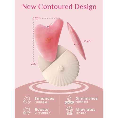 Rena Chris Gua Sha Facial Tools, Ergonomic Rose Quartz Guasha Tool for Face Massage, Manual Facial Massager Tool for Jawline Sculpting and Puffiness Reduction with Silicone Case (Pink)
