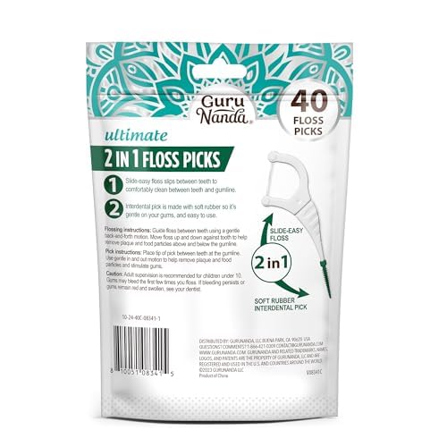 GuruNanda 2 in 1 Dental Floss Picks - Non-Slip Grip Handle, Slide Easy, No Break or Shred Flosser - Complete Oral Care with Interdental Pick for Healthy Teeth & Gums - Mint Flavor, 40 Count (1 Pack)