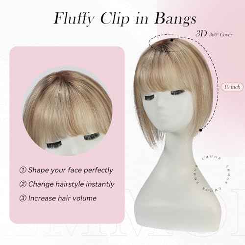 EMMOR 10 Inch Real Human Hair Topper for Women - Upgrade Swiss Lace Base with 3 Non-Slip Clips, 4.5" x 3" Clip in Bangs for Thinning Hair & Natural Hair Loss Coverage(Ombre Blonde & Brown Highlight)