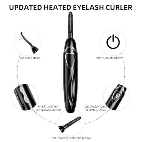 Heated Eyelash Curler, S600 Heated Lash Curler, Accurate Temperature Control Electric Eyelash Curler Heated - Intelligent Power Off, Natural Long Lasting Makeup (Black/Silver, S600-148MM)