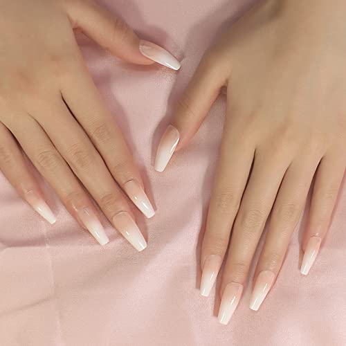 Long Glossy Ombre Pink Nude White French Ballerina Coffin False Nails Gradient Natural Press on Ballet Fake Nails Tips