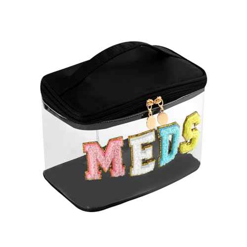 Personalized Chenille Letter Clear Medicine Makeup Bag, Large Size Waterproof Nylon Cosmetic Toiletry Storage bag with Top Handle, Transparent Meds First Aid Travel Organizer Cosmetic Bag(04Black)