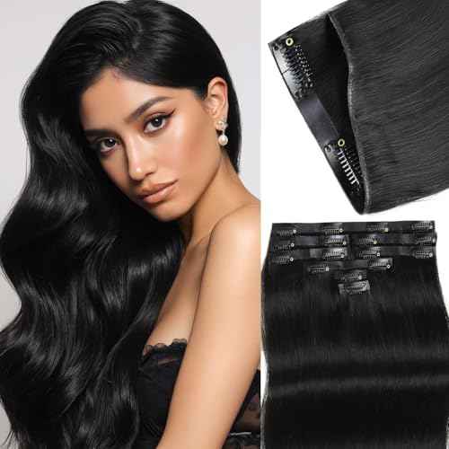 WIGNEE Clip In Hair Extesnions 100% Human Hair Seamless Hair Extensions for Women Invisable Human Hair Straight PU Clip Ins 8PCS Natural Hair Add Volume Daily Use (Black)