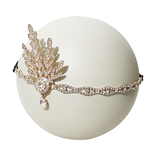 YEMYIQZ 1920s Flapper Headband Leaf Great Headpiece Tassel Roaring 20s Crystal Head Chain Wedding Bride for Women