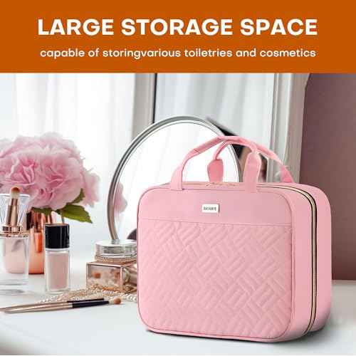 Toiletry Bag Travel Bag with Hanging Hook, Water-Resistant Makeup Cosmetic Bag Organizer for Accessories, Full-Size Shampoo and Toiletries, Large, Light Pink, BAF-019