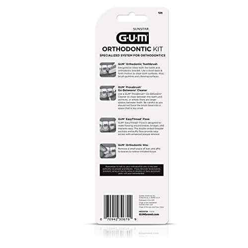 GUM Orthodontic Kit – Features Orthodontic Toothbrush, 3 Proxabrush Sizes and shred-resistant EasyThread Floss, and Mint Ortho Wax, 6pk