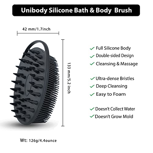 2 PC Silicone Exfoliating Body Scrubber, 2 in 1 Silicone Body Shampoo Brush, Soft Silicone Loofah for Sensitive Skin, Shower Silicone Hair Scalp Massager, Easy to Clean, Lather Well (Black&Blue)