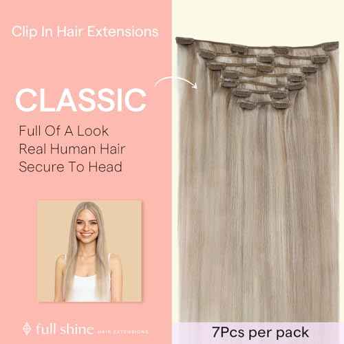 Full Shine 22 inch Blonde Hair Extensions Clip in Human Hair, Ash Blonde Highlights Clip in Hair Extensions Real Human Hair, Straight Thick Full Head 7pcs 120g