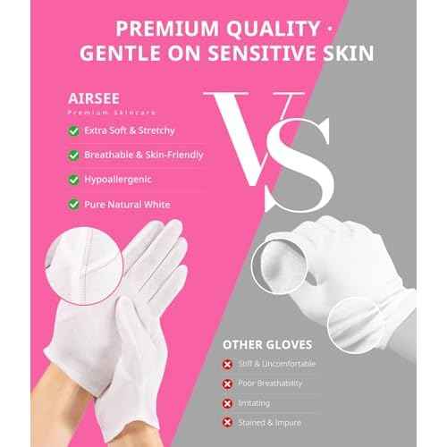 AIRSEE 2 Pairs White Cotton Gloves with Laundry Bag, Overnight Moisturizing SPA for Dry Hands and Eczema, Work Glove, Stretchy Fit for Men and Women, Regular M