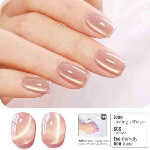 Vishine 16ml Gold Glitter Cat Eye Gel Nail Polish, Sheer Nude Beige Glass Jelly Gel Magnetic Shimmer Gloss Shine Holographic Translucent Color For Nail Art Manicure DIY At Home #432