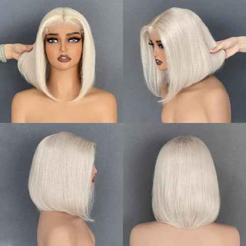 Bye Bye-Glue Warm Platinum Blonde Wig Human Hair Preplucked Precut HD Lace Baroque Pearl Short Bob Human Hair Wigs For Women 200% Density Double Drawn Straight Cut Wig 10"