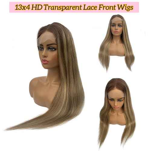 Brown Highlights 13x4 Lace Front Wig Human Hair,Brown with Blonde Highlights Mixed Colored Skily Straight Ombre Lace Front Human Hair Wigs Pre Plucked with Bleached Knots for White Women 24"(3T8P22)