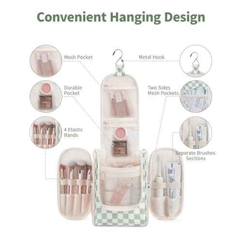 Narwey Small Checkered Hanging Travel Toiletry Bag for Women, Travel Bag for Toiletries, Makeup Bag Organizer Cosmetic Bags Make Up Bags for Women (Mint Green Checkerboard)