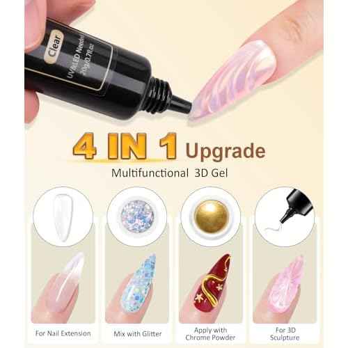 4 in 1 Upgrade 3D Gel Nail Gold Chrome Nail Powder¡¼NO.1 -100% 3D Effect¡½20g No Wipe 3D Gel Nail Art Sculpture with Glitter White Gold Chrome Nail Powder for Home DIY Salon Gifts Women- White Gold