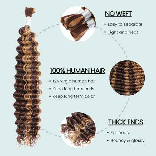 12A Braiding Hair Deep Wave Bulk Human Hair For Braids 22In 100g, 100% Virgin No Weft P4/27 Honey Blonde Highlight Ombre Bundles Curly Micro Braiding Hair For Boho Knotless Braids Thick Remy