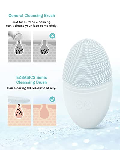 EZBASICS Facial Cleansing Brush Made with Ultra Hygienic Soft Silicone, Waterproof Sonic Vibrating Face Brush for Deep Cleansing, Gentle Massaging, Inductive Charging (Grey)1 Pack+5 Speed Settings