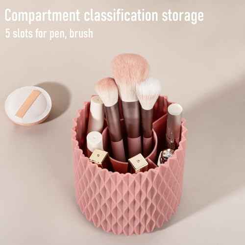 Anyoifax Makeup Brush Holder Organizer 361¡ÆRotating Make Up Brushes Container for Vanity, Spinning Cosmetics Storage Cup, Ripple Pink