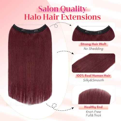 Rich Choices Halo Hair Extensions Real Human Hair Invisible Wire In Hair Extensions Remy Human Hair Clip in Human Hairpiece One Piece 18 Inch #99J Burgundy Red