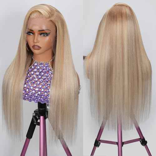 Ombre Ash Blonde Lace Front Human Hair Wigs for Women,Pre Plucked13x6 HD Ombre Highlight Light Brown and Ash Blonde Straight Lace Wig Bleach Knots with Baby Hair 24 Inch Wear and Go Remy Wig