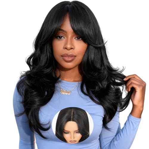 Ruiyu Layered Curtain Bangs Wig Human Hair Face Framing 6x4 HD Lace Clourse Front Wigs Straight Pre Cut Straight Wear and Go Glueless for Black Women 100% Brazilian Human Hair Wig with Bangs 16 Inch