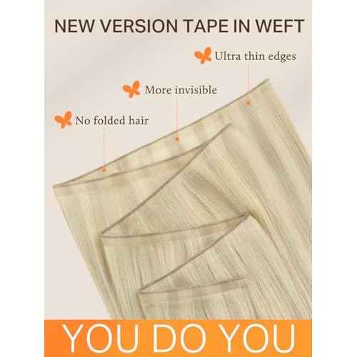 DOORES Genius Seamless Weft Hair Extensions Human Hair, Ash Blonde Highlighted Platinum Blonde 20 Inch 60g, Invisible Tape in Weft Extensions Long Wide