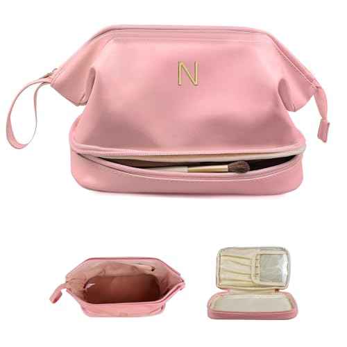 Gifts for Her Birthday-Gift Ideas for Woman Initial Large Makeup Bag, Personalized Double Layer Cosmetic Bag with Makeup Brush Organizer, Waterproof, Travel Toiletry Bag for College Girls
