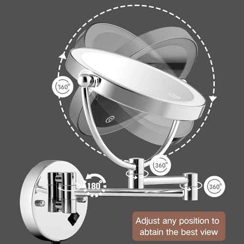 Wall Mounted Lighted Makeup Mirror with Magnification, 8-inch 1X/10X Wall Mount Magnifying Mirror for Bathroom, Touch Dimmable, 360 Degree Swivel, 2-Sided, Extendable Arm