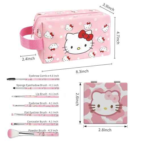 Cute Makeup Bag Set, 1 Makeup Bag and 7 Makeup Brush and 1 Compact Mirror, PU Leather Travel Cosmetic Bag, Gifts for Women Girls, pink0202