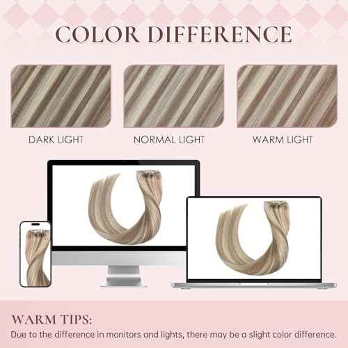 20 Inch Clip in Real Human Hair Extensions, P8/60 Ash Brown Highlights Platinum Blonde Remy Thick Invisible Straight Clip Hair,Seamless,95 Gram 7 Pieces With 16 Clips