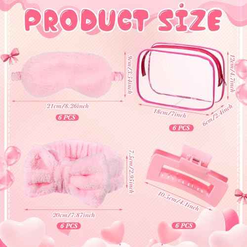 Hoteam 24 Pcs Sleepover Spa Party Favors Supplies 6 Spa Headband 6 Plush Sleep Eye Mask 6 Hair Claw Clips 6 Clear Cosmetic Bags for Slumber Party Christmas Gift(Pink)