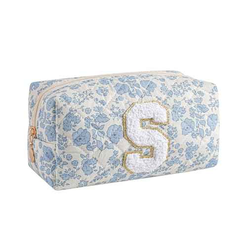 Gleyemor Personalized Initial Makeup Bag for Women, Cute Quilted Blue Floral Cotton Cosmetic Bag, Christmas Gifts for Her Mom Friend Sister Bridesmaid Teacher Women S