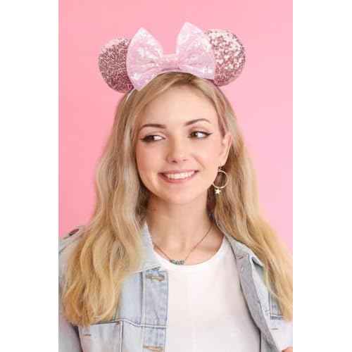 WOVOWOVO Mouse Ears Headbands for Women Sparkle Pink Bow Mouse Ears Hairbands Halloween Christmas Birthdays Princess Party Hair Accessories