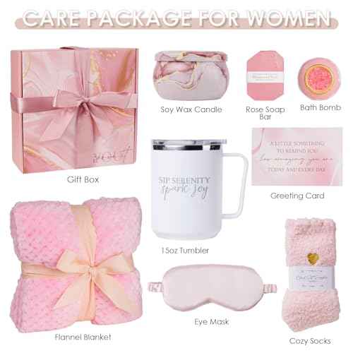 Self Care Gifts Get Well Soon Rose Relaxing Spa Gift Basket Care Package Luxury Flannel Blanket Unique Graduation Birthday Box for Her Wife Best Friend Sister Grandma Daughter Teacher