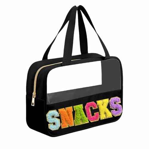Chenille Letter Snacks Bag Clear Snack Bag Pouch with Handle and Zipper Waterproof Nylon Portable Travel Tote Makeup Bag for Women