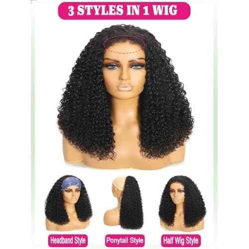 Half Wig Human Hair Water Wave 20 Inch Curly Half Wig 3 In 1 Adjustable Drawstring Seamless Flip Over Blend Edges Invisible Hairline Glueless Wigs Wear Go Beginner Friendly Curly Half Wigs for Women