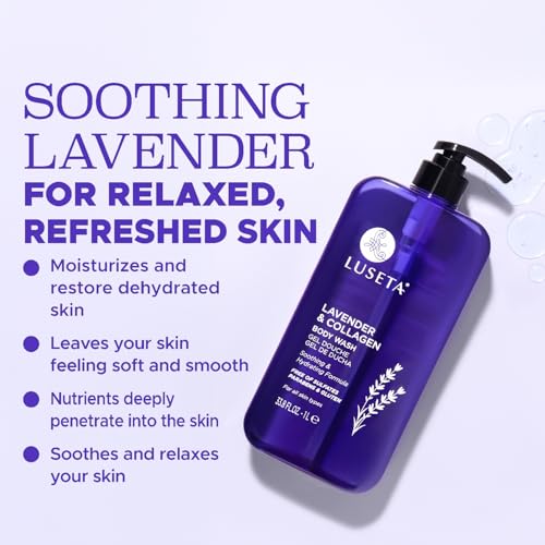 Luseta Lavender & Collagen Body Wash for Women and Men, Moisturizes and Soothes the Skin with Calming Aroma, Enhances Hydration Shower Gel Body Wash, Sulfate & Paraben-Free 33.8oz