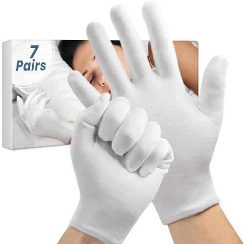 7 Pairs White Cotton Gloves, Breathable Cotton Gloves for Dry Hands Sleeping, Washable Eczema Moisturizing Glove Overnight for Women Men, Christmas Wedding Costume Work Glove for Serving Inspection