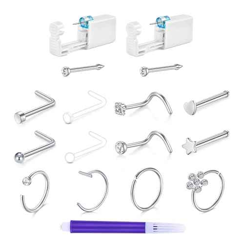 TOKRING Nose Piercing Kit - 2 Packs Self Piercing Gun with Studs & Rings, Disposable Safety Nose Piercing Gun Kit
