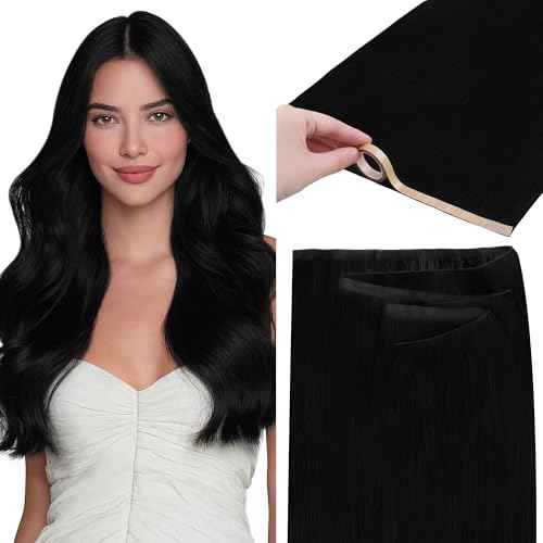 GOO GOO Tape In Weft Hair Extensions Human Hair, Genius PU Long Weft Tape In Hair Extensions Real Human Hair, Silky Easy to Use, 1 Jet black 22 inch 60g