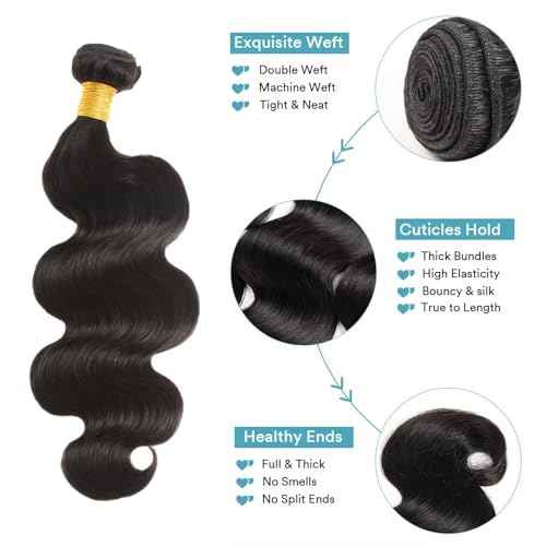 Body Wave Human Hair Bundles - Brazilian 2 Bundles for Black Women, 20 22 Inch, 10A Grade 100% Unprocessed Extensions, Natural Black