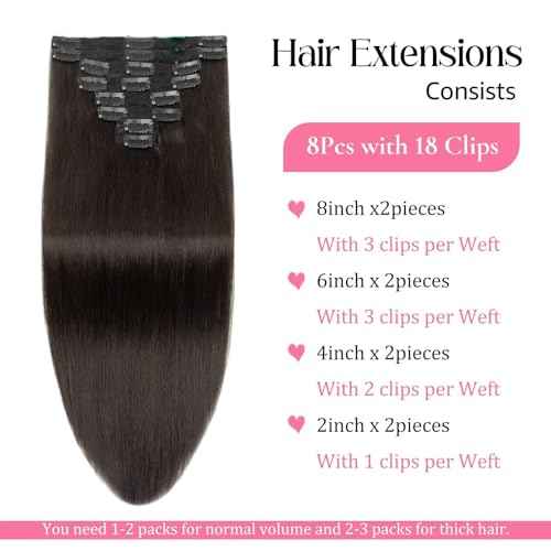 Natural Black Seamless Clip in Hair Extensions Real Human Hair 24inch Clip ins Human Hair Extensions Straight Clips in 100% Brazilian Clip in Extensions Human Hair for Women 8pcs Double Weft
