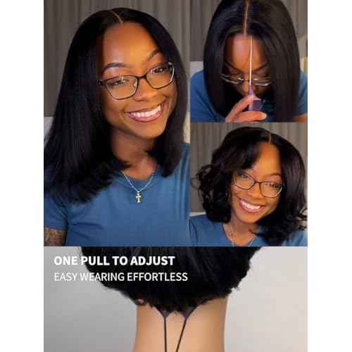 Julia Hair 12 Inch Yaki Straight Drawstring Wigs Human Hair Put On and Go Glueless Bob Wig 7x5 Bye Bye Knots Pre Plucked Pre-Cut Lace Closure Wig Beginner Friendly Black Short Yaki Bob Bleached Knots