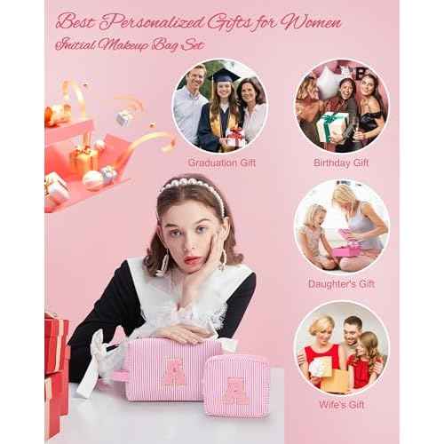 MONSTINA Mom Gifts for Mom, Personalized Initial Makeup Bag Cosmetic Bags for Women Cute|Makeup Pouch Birthday Gifts for Mother,Birthday Gift for Her Cute Toiletry Bag,2PCS Pink M